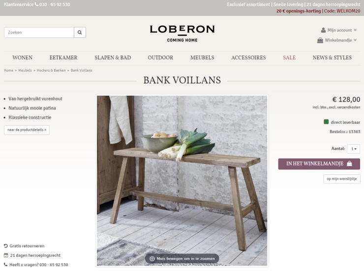 A product page of the Dutch Loberon online store.