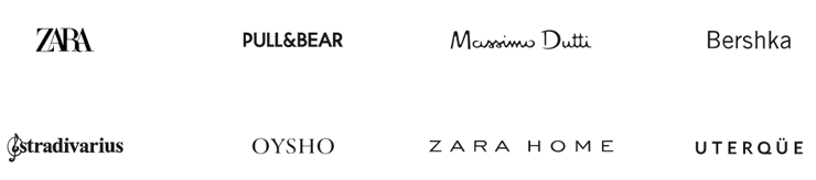 The eight brands owned by Inditex: Zara, Pull&Bear, Massimo Dutti, Bershka, Stradivarius, Oysho, Zara Home, and Uterqüe.
